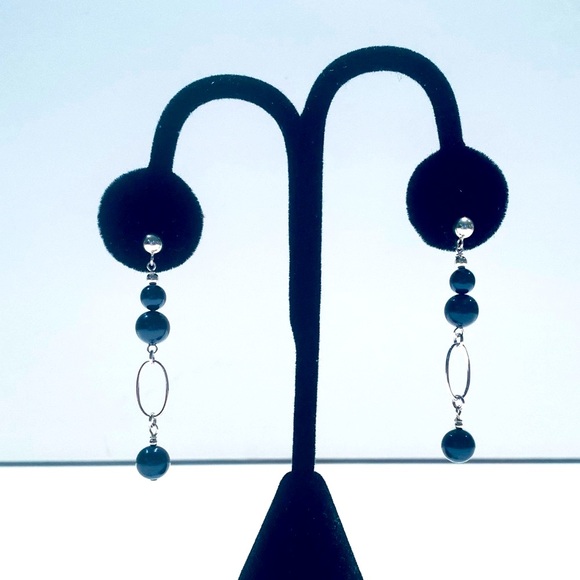 Artisian Earrings - Navy Swarovski Pearls & Sterling Silver -Post Closure 2 Inch - Picture 4 of 9